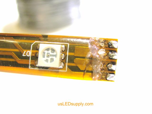 Pre tinned solder pads on the end of the RGB flexible LED strip